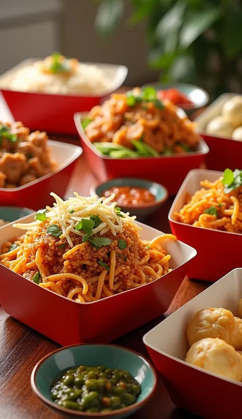 A table filled with colorful Chinese food takeout containers and dishes. The food is brightly lit, with soft reflections on the containers, making them look fresh and appetizing.
