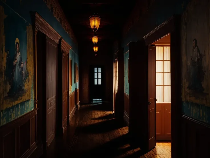 The camera moves through the hallways of an old mansion at night.。The sound of the floor creaking、The occasional sound of wind。There are old paintings on the walls、All of their expressions are creepily distorted.