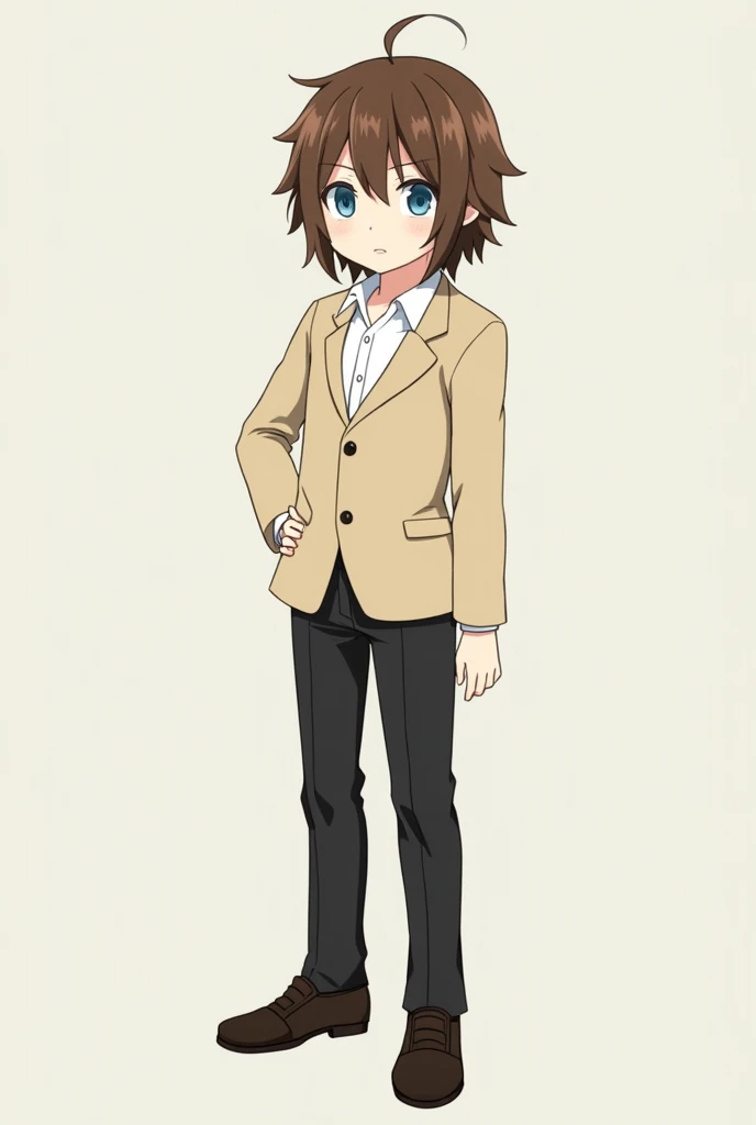 Bungou Stray Dogs screenshot of Dazai and Chuya&#39;s son from Bungou Stray Dogs with medium-long brown hair and light blue eyes with a white shirt and a beysh-colored suit and black pants and black-brown shoes. 