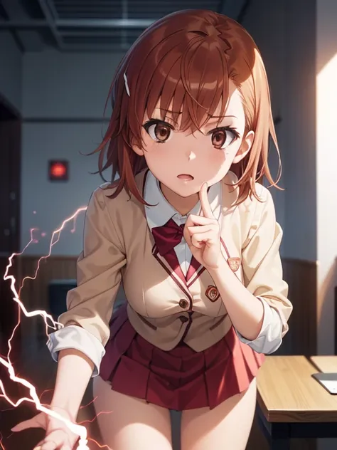 (masutepiece, Best Quality, hight resolution, nffsw, Perfect Pixel, depth of fields, 4K), 
1girl in,  , Beautiful anime girl, 
Perfect body, , ,

misaka mikoto, tokiwadai school uniform, electricity aura, electricity around the body, Beam of electricity fr...