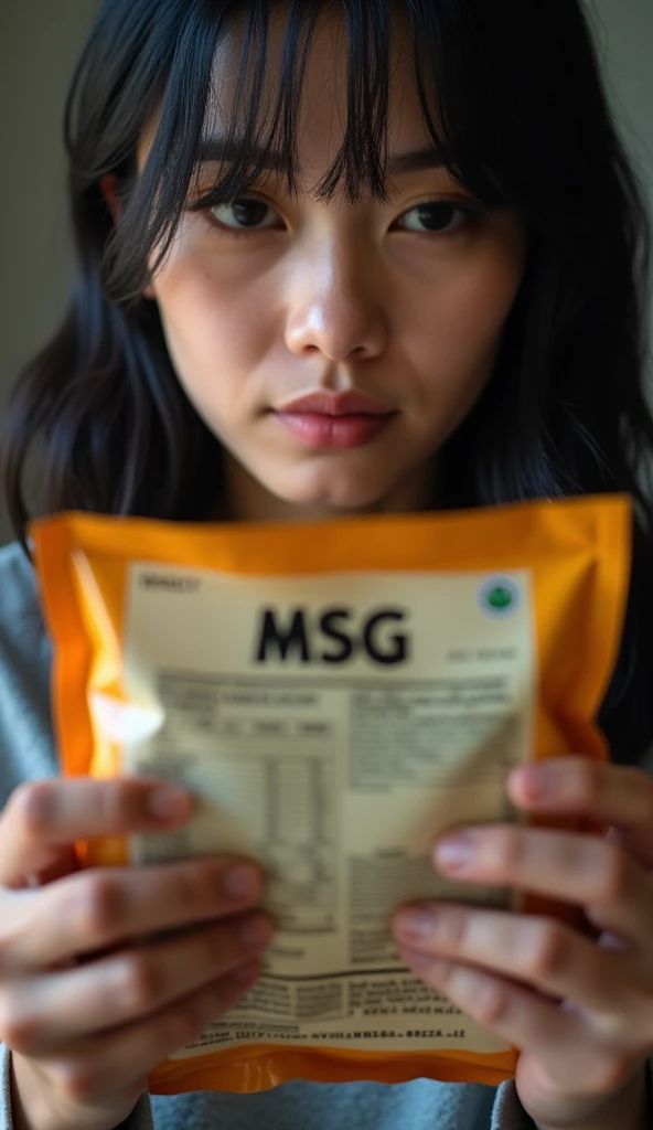 A close-up shot of a person holding and reading the back of a food package. The focus is on the ingredient list, with “MSG” clearly visible. Soft, even lighting makes the label easy to read.
