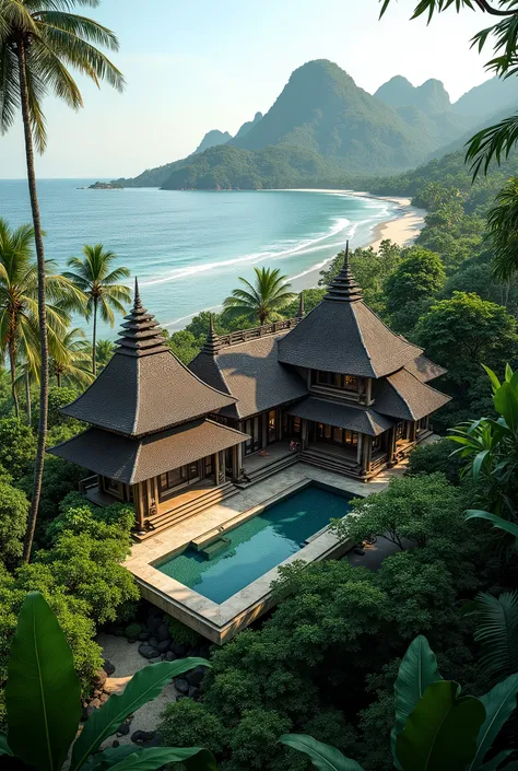 BALI residential home is surrounded by rainforest with the ocean and beach in the background. Mountains, Balinese temple. masterpiece, High resolution, realistic, RAW Photos, 8k wallpaper, perfection, house concept, residential, mantra render, hyper - real...