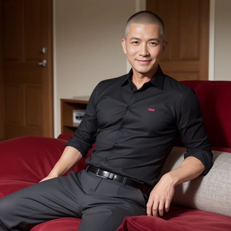 40歳のfather,One Man、Buzz cut。Black Shirt、Red tie、black slim pants、bedroom、In front of the door、Sit on the sofa with your legs apart,Muscular。かなり短い短髪Buzz cut、Asian Face　Stubble、Gay、The crotch area is bulging　father　　front　　Old man　　Buzz cut　Father　smile