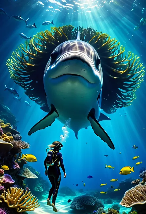 (masterpiece, best quality, ultra-detailed, best shadow), (beautiful detailed face:1.3),(solo), (family_friendly:0.8),high contrast, ultra-high resolution,(1girl under deep sea:1.6),(diving AND petting a whale:1.3),full body, diving suit,refract light from...