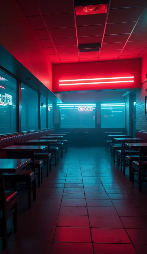 A wide-angle shot of an empty fast food restaurant at night, lit only by the neon signs on the walls. The lighting is dim, creating a calm, slightly eerie atmosphere.
