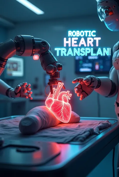 

"A futuristic scene depicting a robotic heart transplant in a high-tech operating room. Advanced robotic arms perform surgery on a glowing heart, surrounded by sleek, modern medical equipment and glowing monitors. Above the scene, display the text World ...