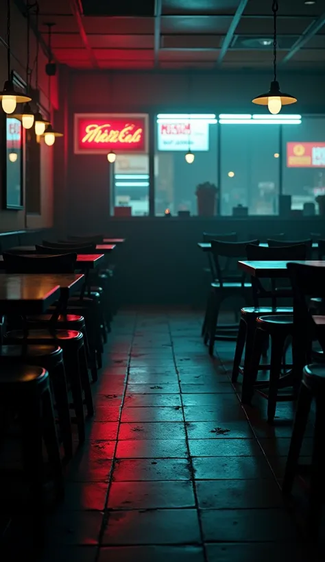 A dimly lit fast food restaurant after closing time. The chairs are stacked on the tables, and the lights are low. Neon signs still glow in the background, creating a moody atmosphere.
