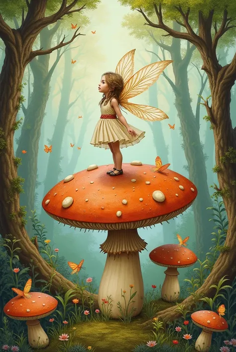 Drawing of a fairy with cardboard mushroom
