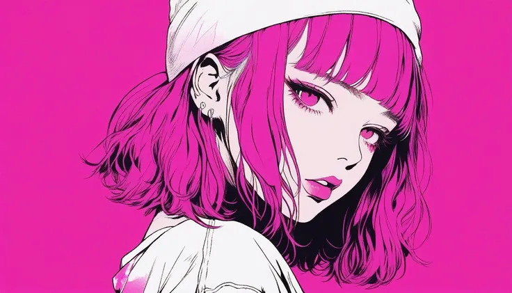 Illustrator, anime , Realistic ,sketch ,１, delicate,lip, T-Shirts,order,Textured Trim, (masterpiece,Best Quality,High resolution, Super detailed) ,Neon Hair,Canadian, (masterpiece,Best Quality) Cancer,White background，