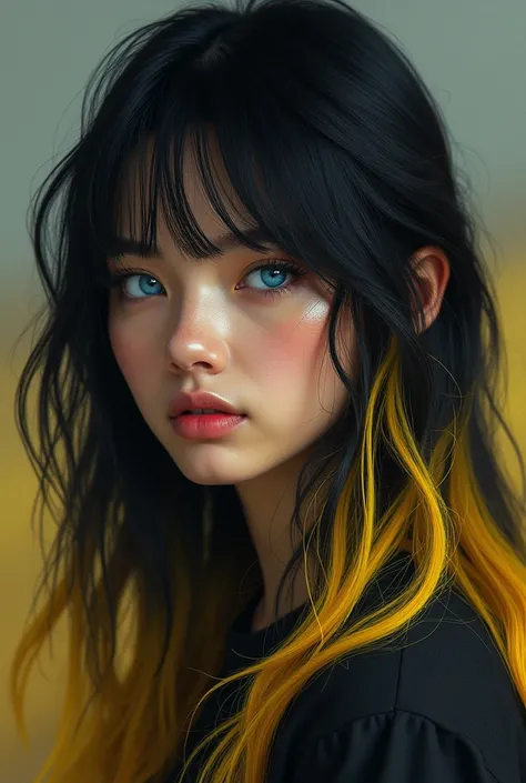 Girl with black hair and yellow highlights blue eyes photorealistic