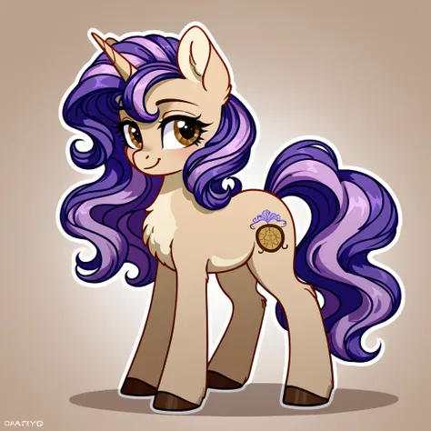 1 female unicorn, purple mane and tail, short wavy mane and tail, dark brown eyes, light beige fur, my little poney friendship is magic artstyle 