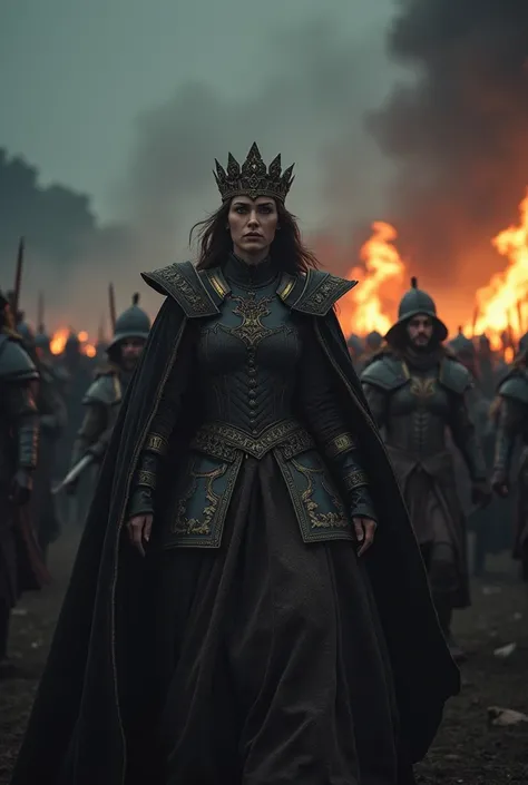 a beautiful medieval queen&#39;s ornate crown, royal dress, command pose, driving soldiers, medieval battlefield, dramatic lighting, cinematic composition, Altamente detailed, intricate armor, intense battle, epic fantasy, dramatic color palette, chiaroscu...