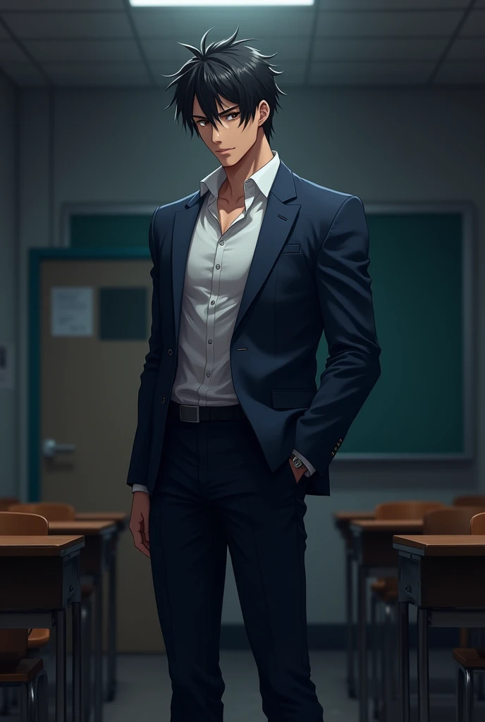 Help me draw an anime. A man in a school uniform, handsome, 182 cm tall, 76 kg in weight, muscular body, six-pack, light black hair, fair skin, light black eyes, light black hair, in a dark classroom..