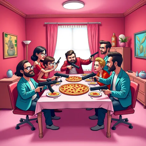 Pink room with table with guns and pizza (cartoon) 