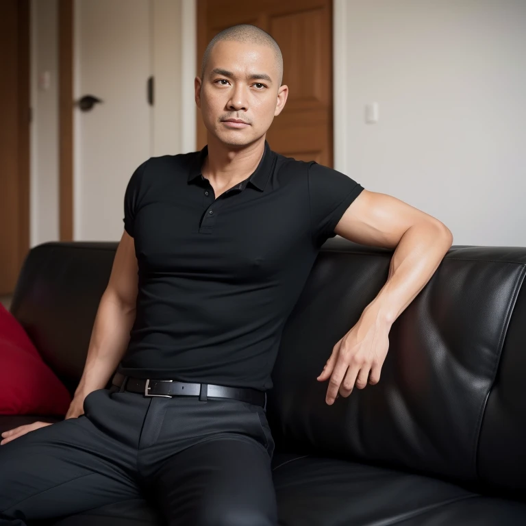 40歳のfather,One Man、Buzz cut。Black Shirt、Red tie、black slim pants、bedroom、In front of the door、Sit on the sofa with your legs apart,Muscular。かなり短い短髪Buzz cut、Asian Face　Stubble、Gay、The crotch area is bulging　father　　front　　Old man　　Buzz cut　Father　