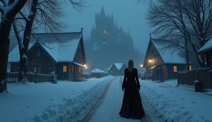 It was late when Kate, a gorgeous 2 woman with an epic cleavage (100e breast size) arrived. Deep snow covered the village.  The hill was hidden by mist and night, and there was not a ray of light to indicate the great castle. 