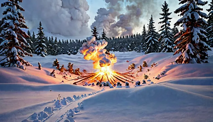 Explosion in the snowy forest