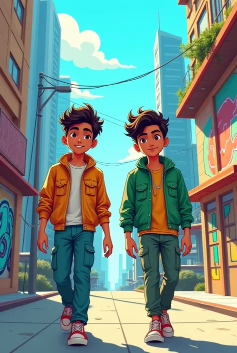 A 2D Cartoon of a 2 young Indian man, white tone face, with curly hair, walking confidently on an urban street with colourful graffiti on both side. He is dressed in a green jacket and cargo pants with sneakers , and the scene is set against a backdrop of ...