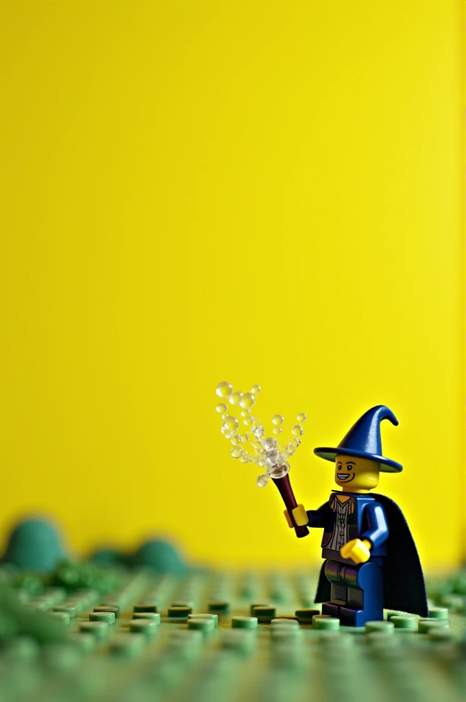 Magicien en lego placé à droite en mode paysage sur un fond uni de couleur #e4f79a