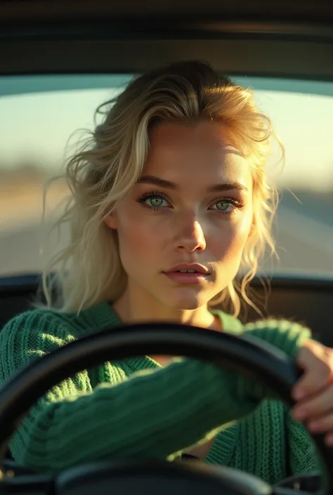 a young american woman with blonde platin hair wearing a green sweater, sitting behind the steering wheel of a car, high detailed portrait shot, 4k, HDR, photorealistic, beautiful detailed eyes, beautiful detailed lips, extremely detailed face, long eyelas...