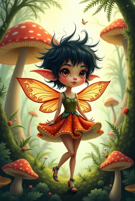 Drawing of a black haired mushroom fairy 
