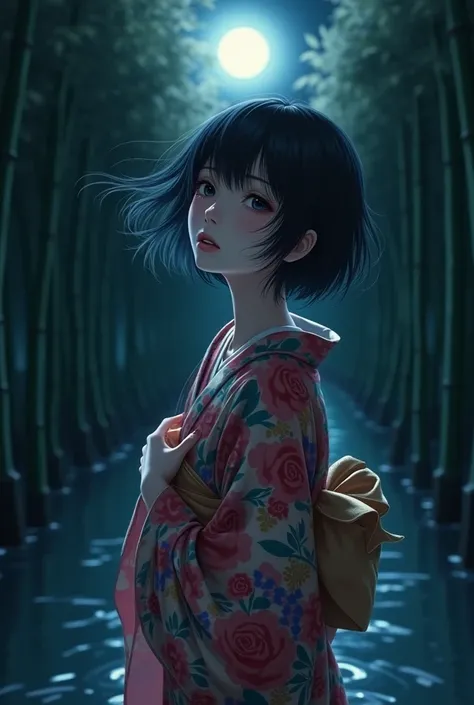 realistic, photogenic, very dark night, clear water pond surrounded by tall-bamboo forest, the full moon is shining small and high up above her head, extremely brightly lit by moonlight only around her, wearing colorful multi-colored Japanese kimono, face ...