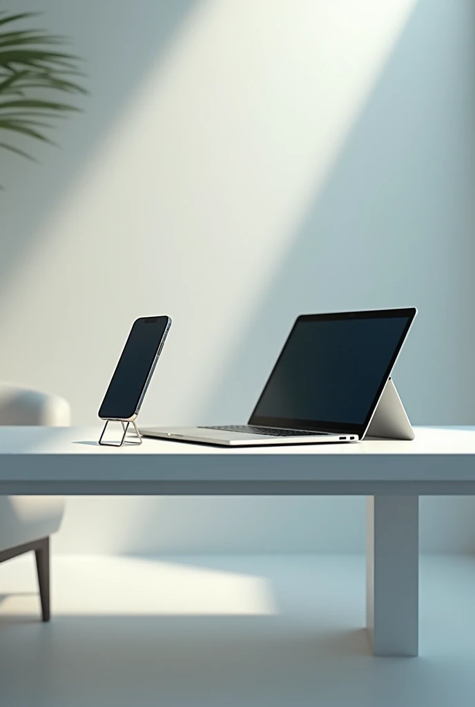 On table put laptop and phone , their screen infront, phone stand up with the help of phone stand