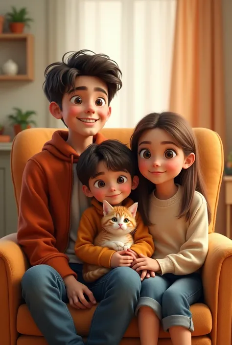 Photo of 3 siblings on a chair 2 boy  girl holding a cat 20 year old brother, disney pixar 4k