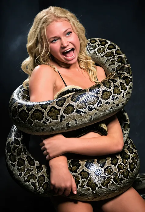  Happy Horny, aroused 1girl), beautiful blonde young teen girl  with  giant colossal Kaa monster squeezing her hard, wrapped in thick spiraling coils, constricted, struggle, gasping for air, snake attack, snake peril 