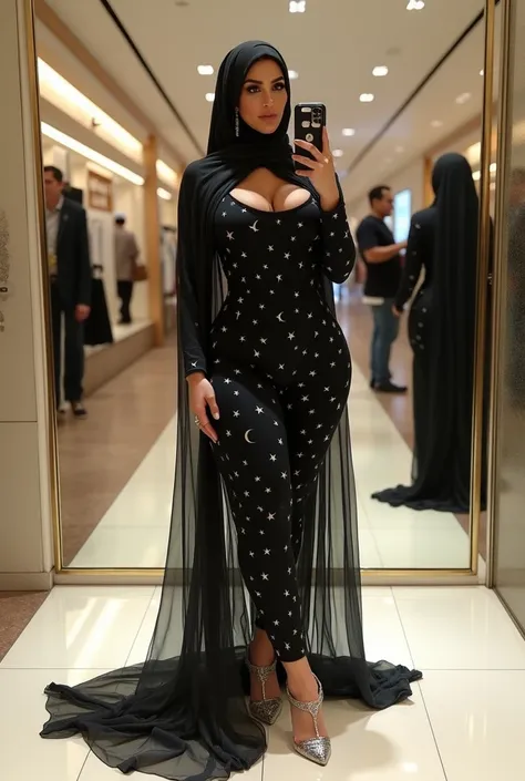 Kim Kardashian muslimah giant super big boobs flaunts in extremely skin tight full body Arabic star and crescent print abaya hijab full body muslimah dress with transperent long scarf.silver high heels.long earrings. Taking mirror selfie in front of mirror...