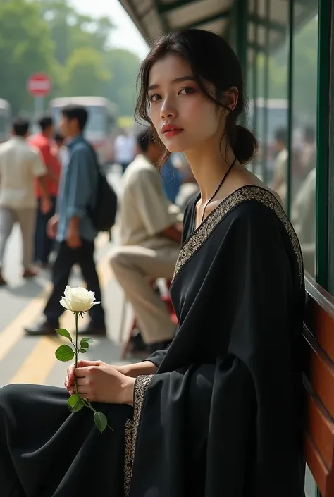 Black saree white girl holding a rose and is sitting in the bus stop in public