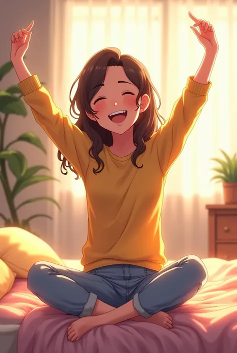 Rina sat on her bed, with a cheerful and enthusiastic facial expression. He raised both hands up, as if ready to start the day.