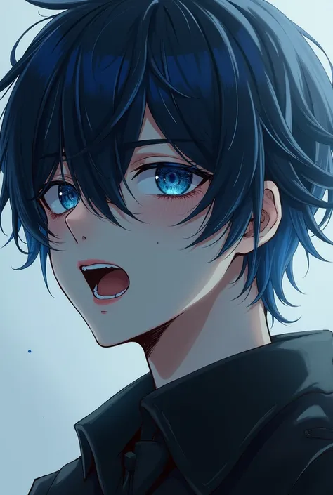 1boy, Solo, High Resolution, Anatomically Correct, HD, High Details, Short Hair, Blue Hair, Black Hair, Silver Hair, Hair Over One Eye, Open Mouth, Blush,looks cold and sinister, Blue eyes, Simple background, From Side, Scar Across Eye, 