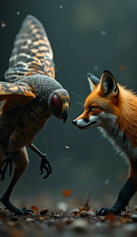 a detailed portrait of a owl fly and a fox facing each other, dramatic lighting, harsh dark background, sense of danger and tension, (best quality,4k,8k,highres,masterpiece:1.2),ultra-detailed,(realistic,photorealistic,photo-realistic:1.37),dramatic lighti...