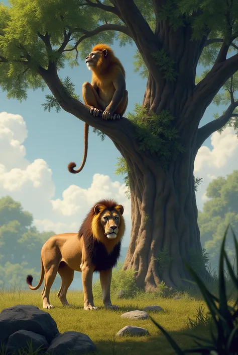 The monkey is sitting on the tree and there is a lion below