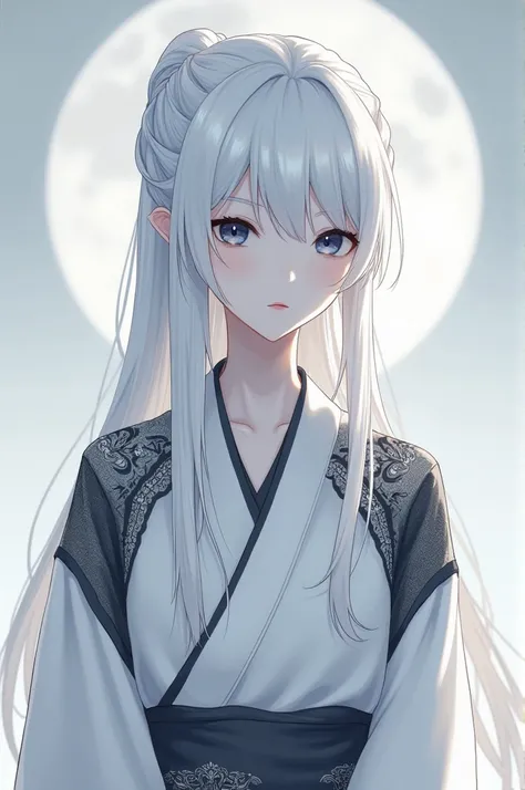 A character who has long hair tied in a white braid with bangs and with dark blue eyes and a white kimono with black decorations on the shoulders and blue on the side of his neck and a lead-colored scarf and his skin that is very white like snow and high 