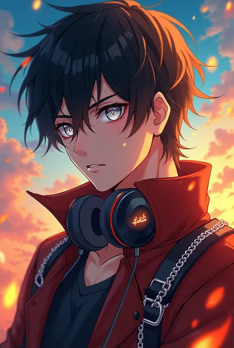 Make and anime boy add swod add 🥽 add
  silver chain add watch add 🎧 add baground name ved add fire eyes add sky add handsome