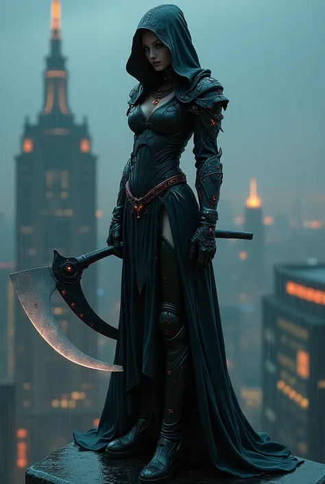 Grim reaper with cyberpunk style and armor and in the form of a beautiful woman standing on top of a building in the rain at midnight and with both hands holding a cyberpunk style sickle