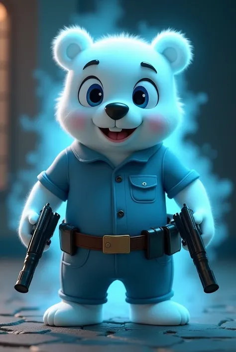 In cinematic 3d style,,
Charector;A cartoon bear bholu character, with a large round face large eyes, expression simple,The bear is dressed in a blue shirt,and blue pants,Theres a flashlight in  hand,a belt is tied around waist and two guns are hanging fro...