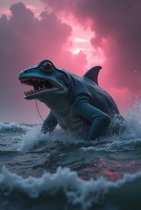 "In a dramatic scene, a menacing creature, blending features of a frog and a shark, sit on the surface of a tumultuous body of water under a sky filled with ominous pink clouds. How does the threatening backdrop and the creature’s fierce appearance amplify...