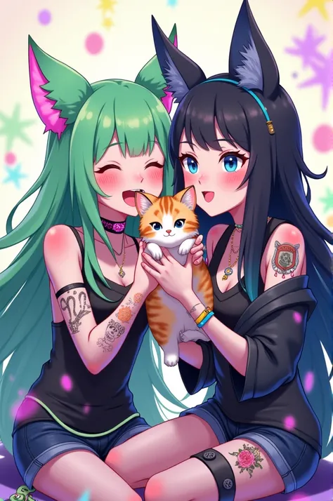 2 girls, neon green hair, moonlight eyes, fox ear, tattoo sleeves and piercings ((Anime style)), Harajuku-inspired hip-hop clothing, soft colors, neon paint splattered background, Soft strokeRin and Aoi hug the kitten and say "Thanks, Jack!" They know that...