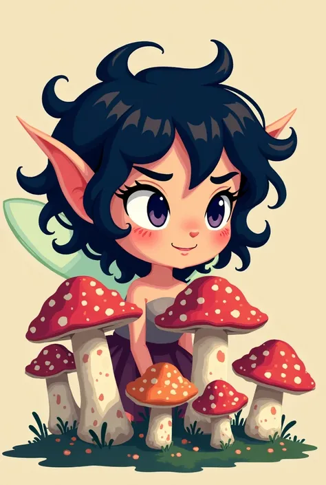 Profile picture pixel cartoon a fairy with big black hair and a bunch of mushrooms 

