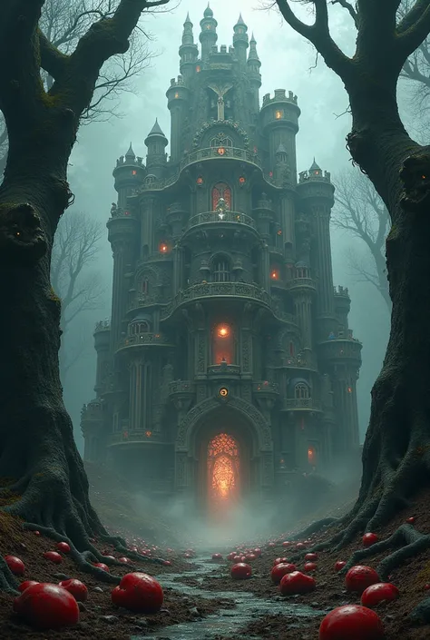 Magic castle made of human body bones, with charming details, in the middle of a forest with trees shaped like muscles and human hearts on the ground.