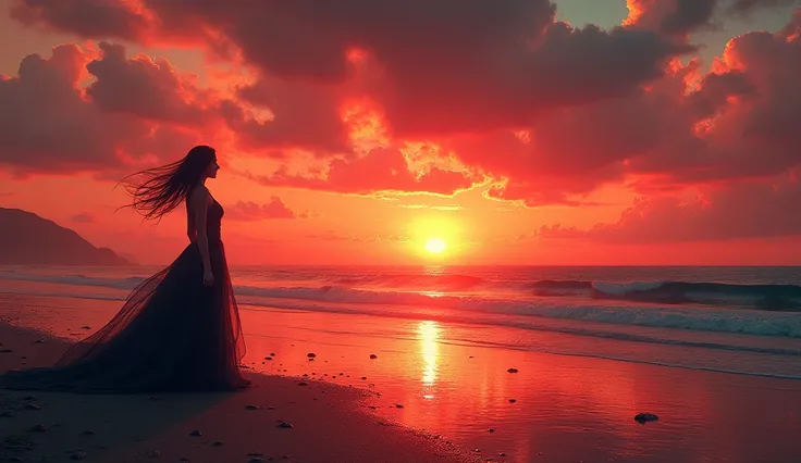 Create a surreal scene of a sunset over the ocean with a dark silhouette of a woman standing on the shoreline. She wears a flowing gown, with the fabric gently moving in the breeze. The sky is ablaze with vibrant shades of red and orange, casting bold refl...