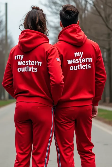 Red color design track suit real image with front and back side written logo design " my Western outlets" 