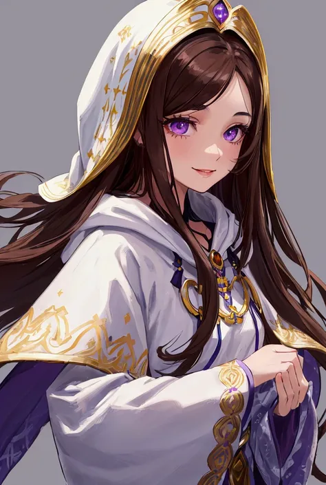 A beautiful woman with long brown hair, a white streak, and purple eyes, looking directly at the viewer with a cheerful, happy expression. She has detailed facial features, including prominent lips and lush eyelashes. The woman is wearing a hood that is pu...