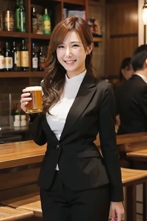 Drinking beer、Laughing adult woman、Black business suit、Izakaya