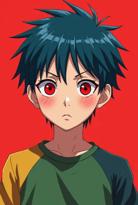 A  boy with small blue hairs in green and yellow type long  t-shirt,skinny colour,4 toe sharingan in eyes ,red eyes,and pimpels on face,photo anime and realistic type photo,make more small hair like an army cut,make very shortest hair