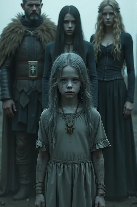 a crying girl with silver skin dark eye crying in the middle while the king queen and girl bully surround her and stare into her soul