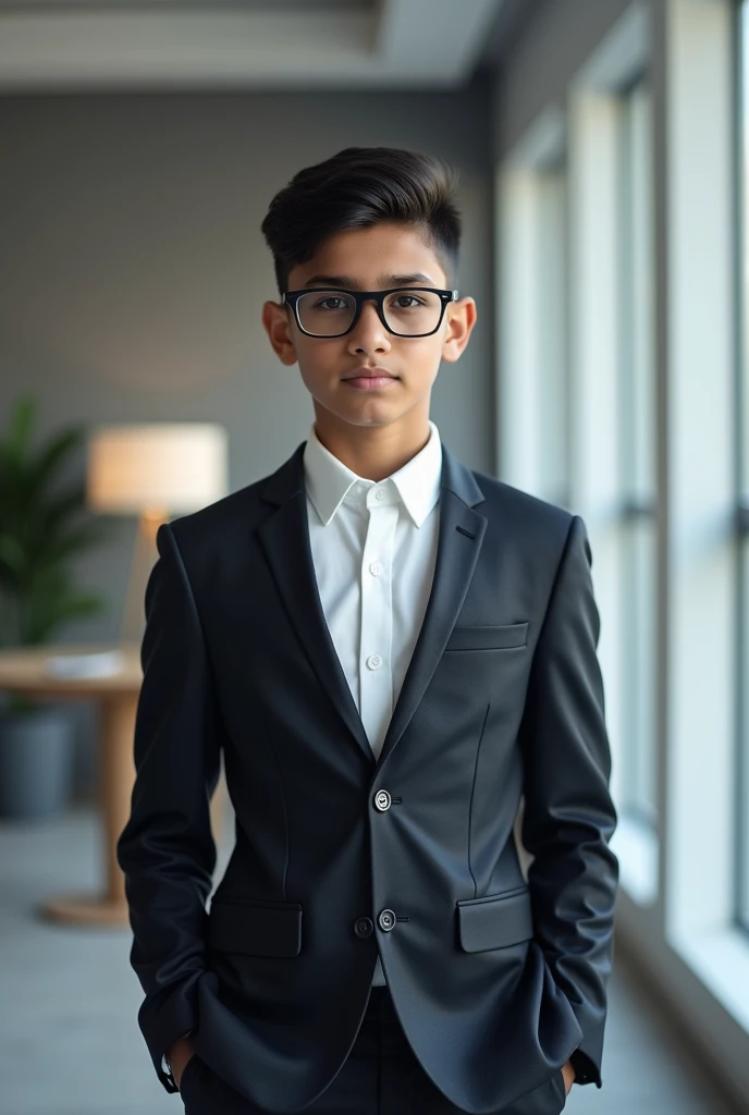 young 2 pakistani boy with fair skin wearing spectacles and narrow body posing professional modern coporate office suite for a linkedin picture in formals, clean shave